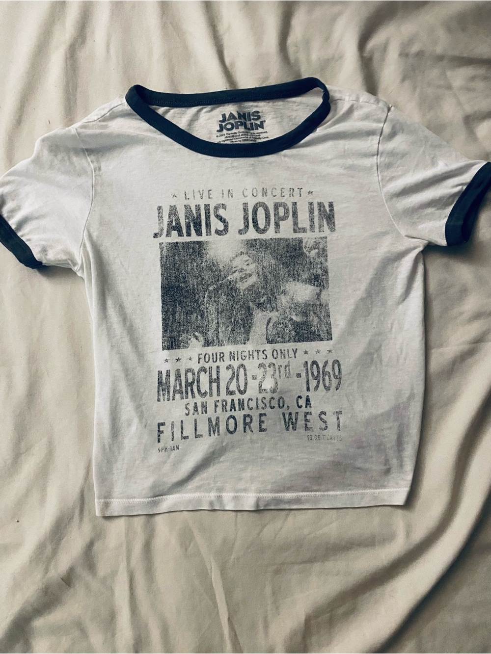 Janis Joplin Graphic Ringer Tee - White with Black Trim